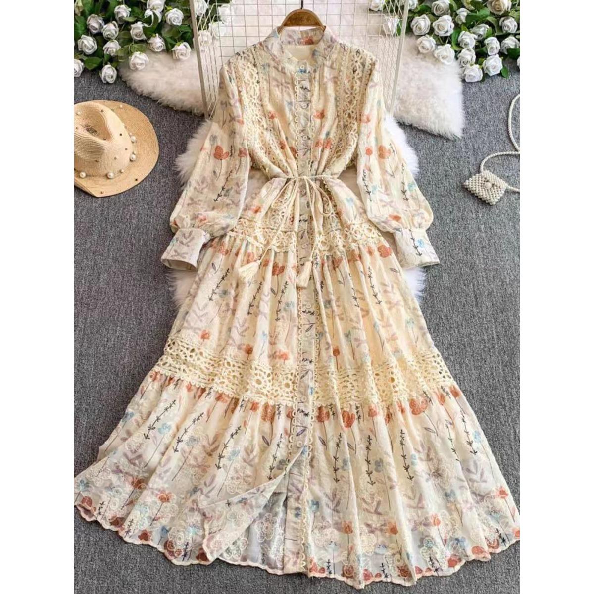 Women s Mandarin Collar Long Sleeve Maxi Dress Loose Fit High Waist Elegant Floral Print Lace A Line Dress One size fits all