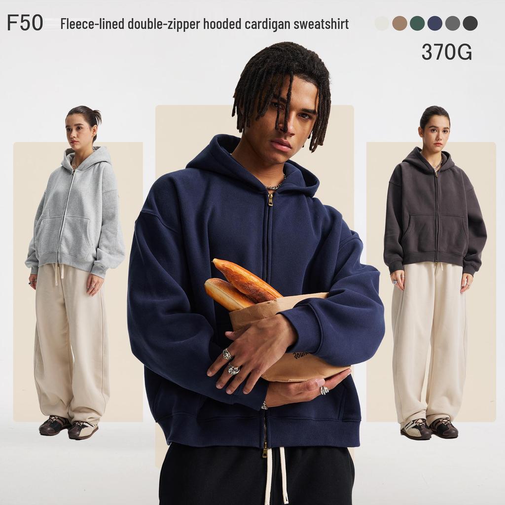 2025 Herbst/Winter Boxy Cropped Reißverschluss Kapuzen-Strickjacke: Unisex Lockerer Fleece-gefütterter Pullover mit tief angesetzten Schultern