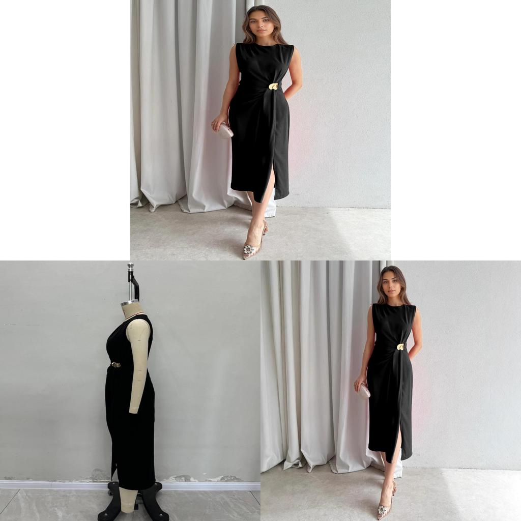 Elegant Black Sleeveless Knit Dress With High Waist For Office And Casual Wear