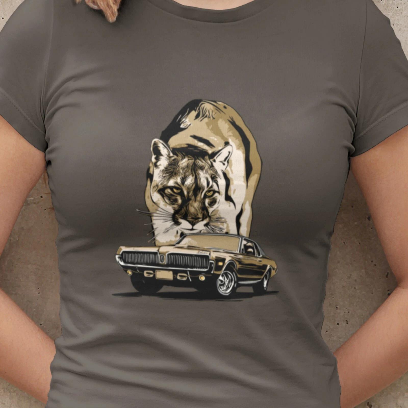 68 Cougar Unisex Jersey Tee, Gold 1968 Mercury Cougar with cat backdrop S