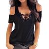 Camiseta sexy de mujer con hombros descubiertos, cuerda con cuello en V, color sólido y manga corta