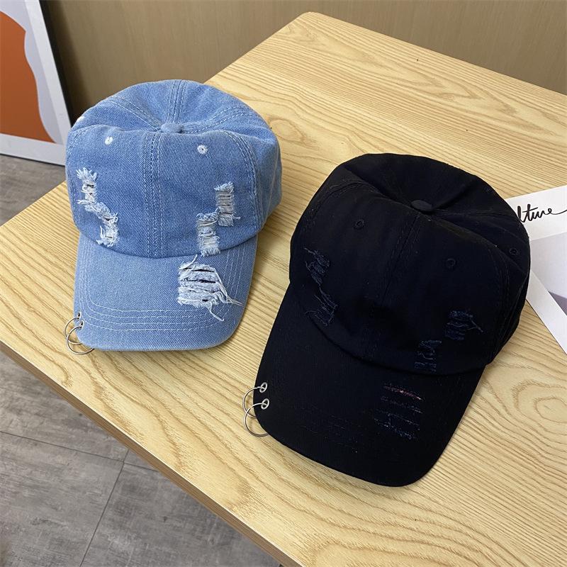 Distressed Hole Korean Cowboy Cap Unisex Tie Ring Hip Hop Street Dance Cap Retro Simple Personalized Hong Kong Sporty Denim