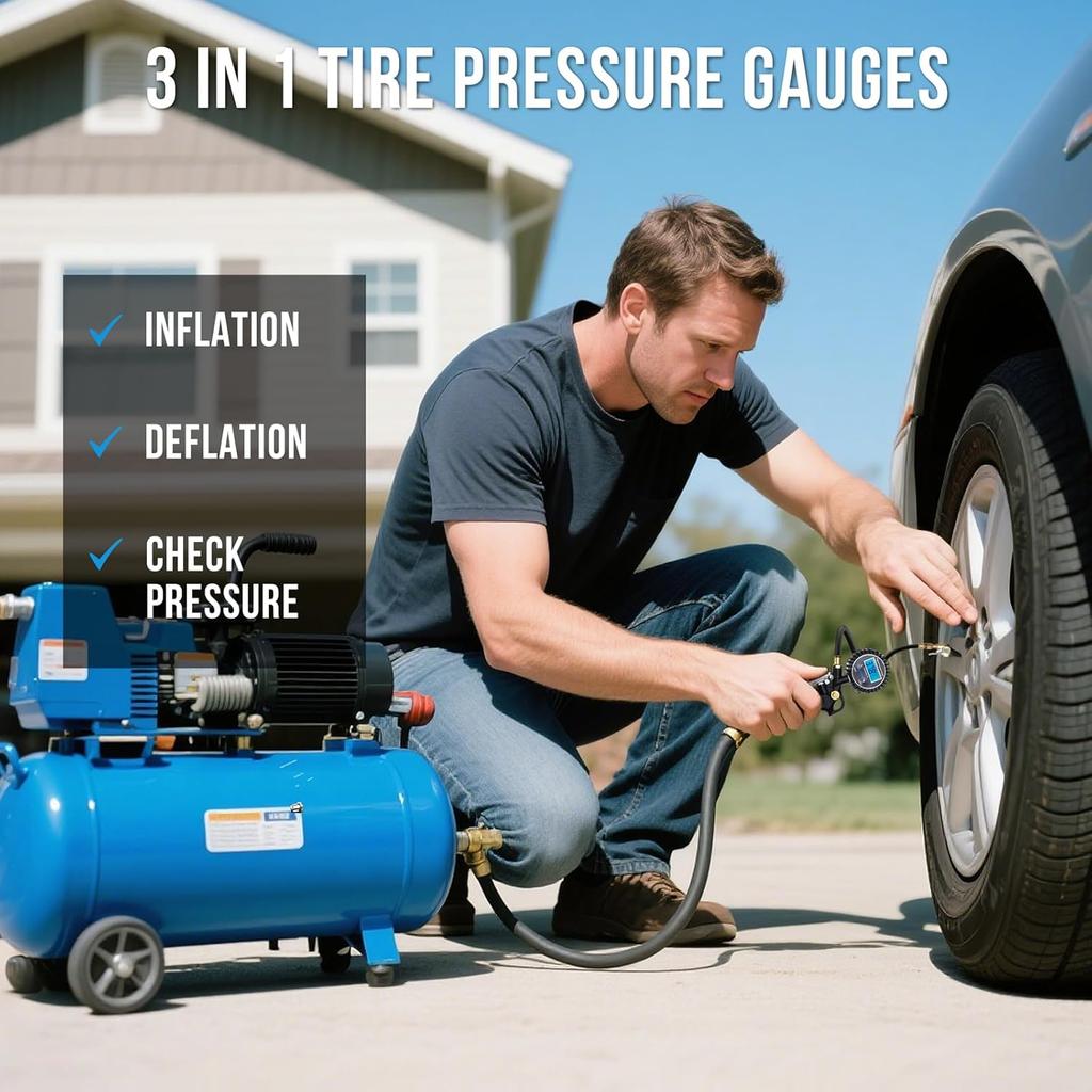 Digital Tire Pressure Gauge with Inflator, 3-250 PSI Air Compressor Accessories with Air Chuck Quick Connect Coupler, Car Attachments with Rubber