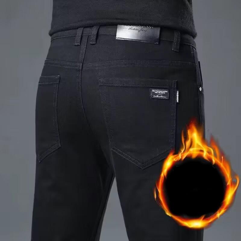 Winter Fleece Thick Warm Jeans Men's Slim Straight Elastic Denim Pants Casual Male Clothing Fashion Plush Trousers