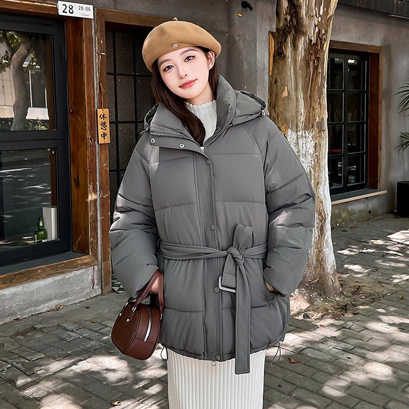 Wind belt down cotton clothes women's winter new fashion waist thin thickened sweet coat tide