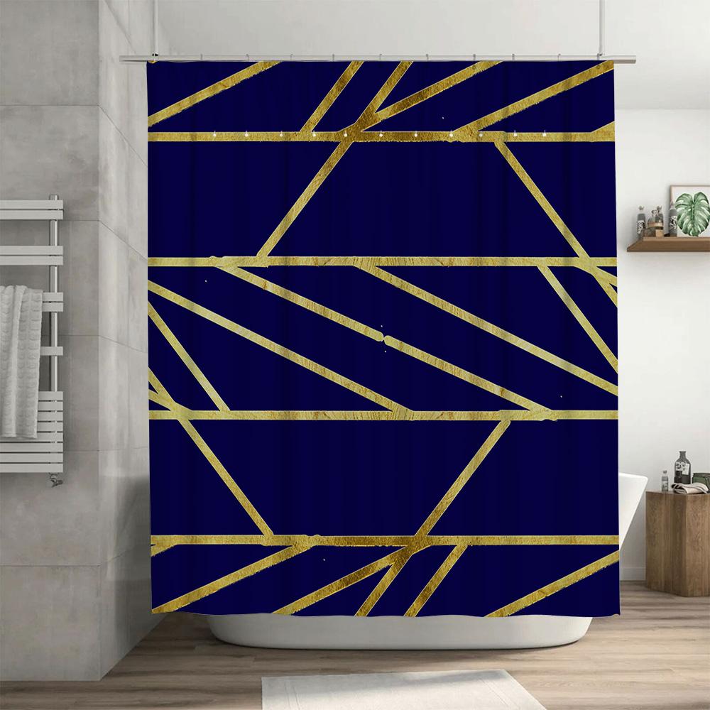 Modern Geometric Shower Curtain Bold Navy Blue Gold Stripes Polyester Fabric 72X84 In For Bathroom Decorations