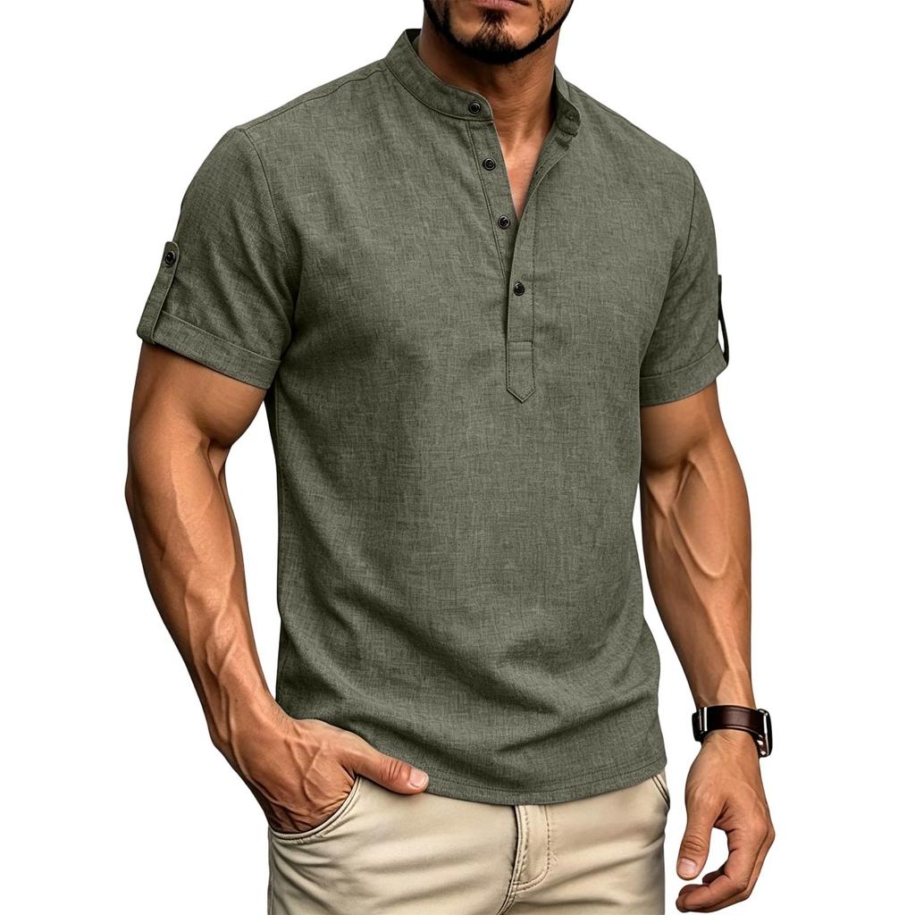 Herren Freizeit Henley-Shirt Kurzarm Geknöpfter Kragen Leichtes Atmungsaktives Gewebe Sommer Oberteil für den Alltag