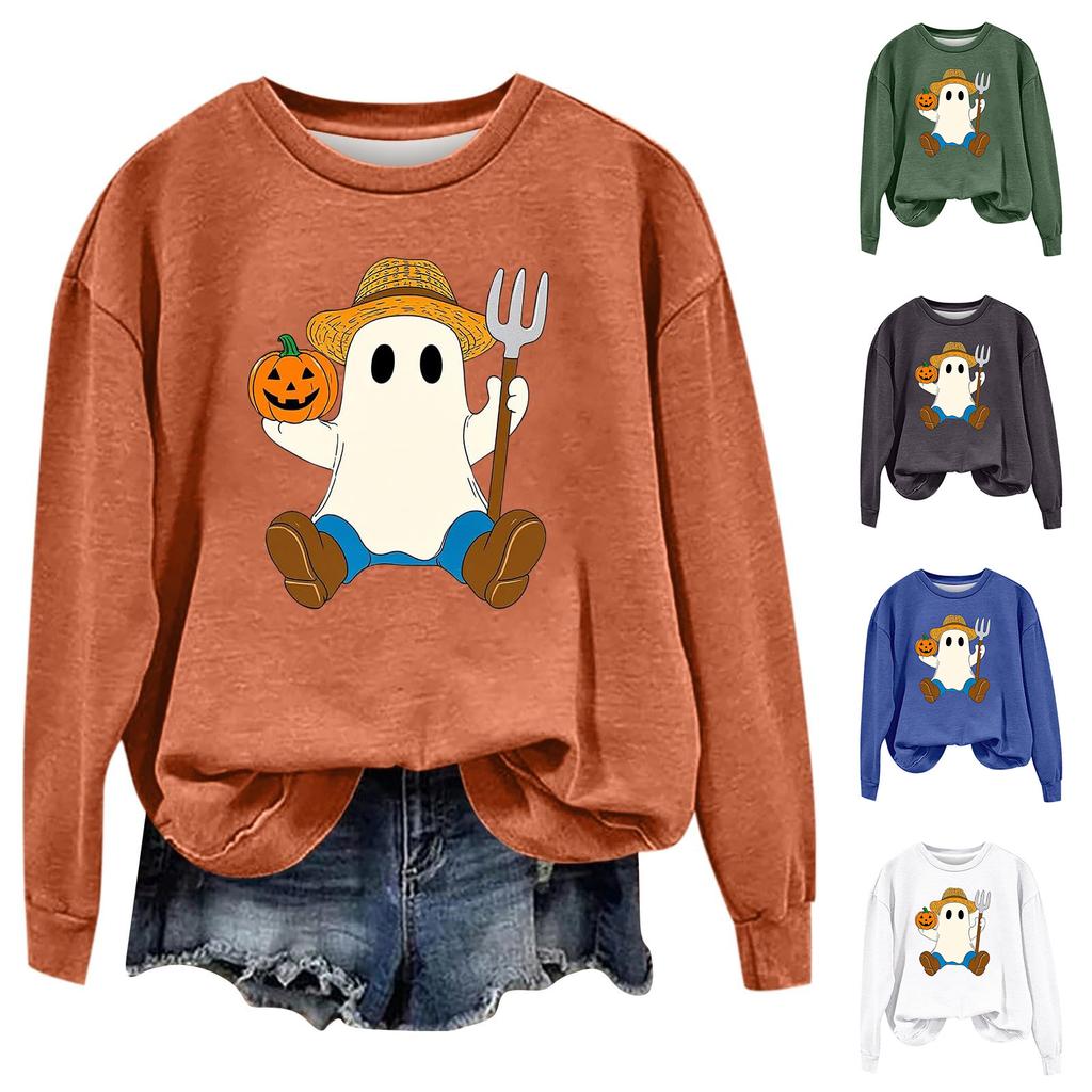 Women's Fashion Long Sleeve Halloween Print Round Neck Sweatshirt Top