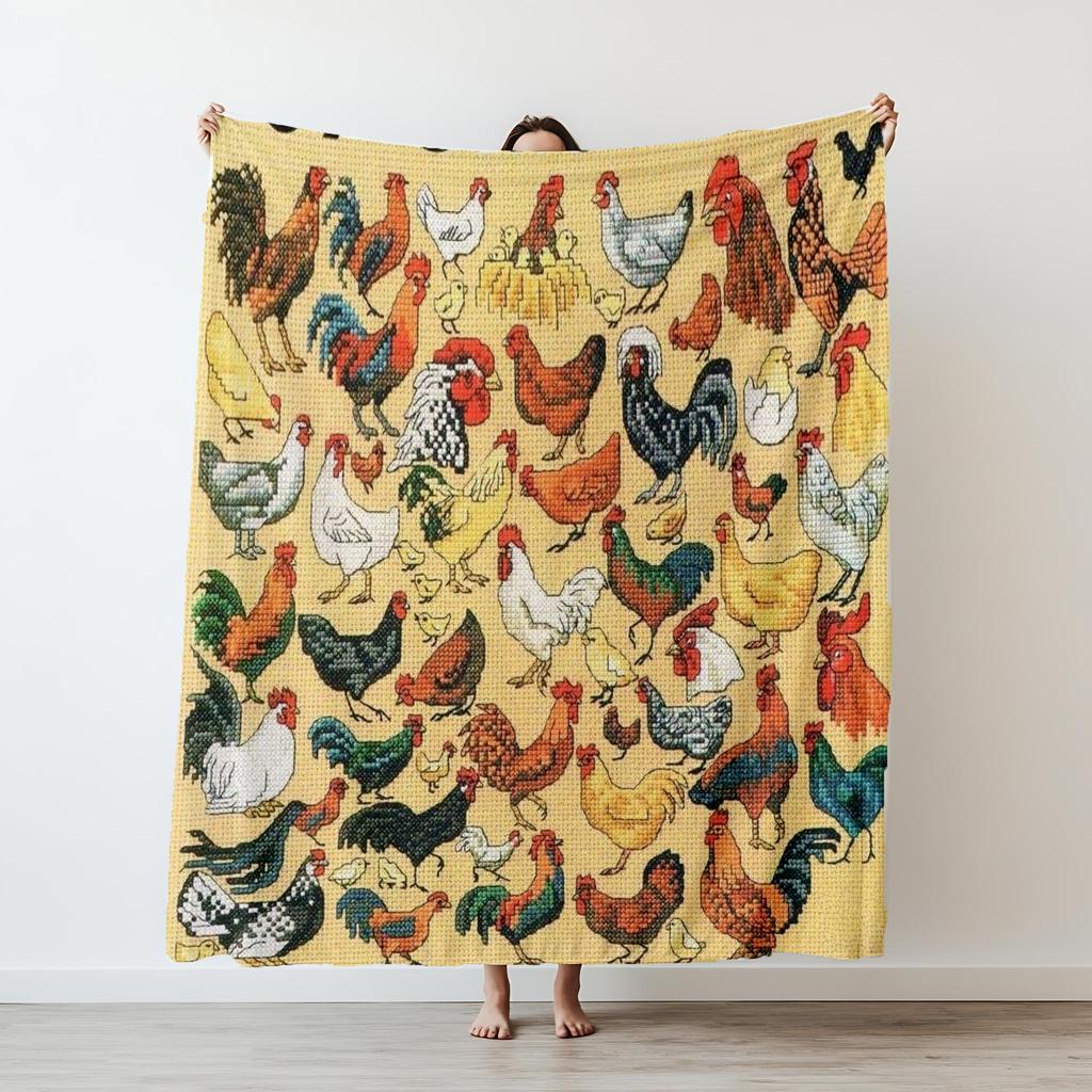 1pc Vintage Cute Chicken Print Flannel Blanket Soft Cozy Knitted All Seasons Colorful for Sofa Bed Office Camping Travel Gift