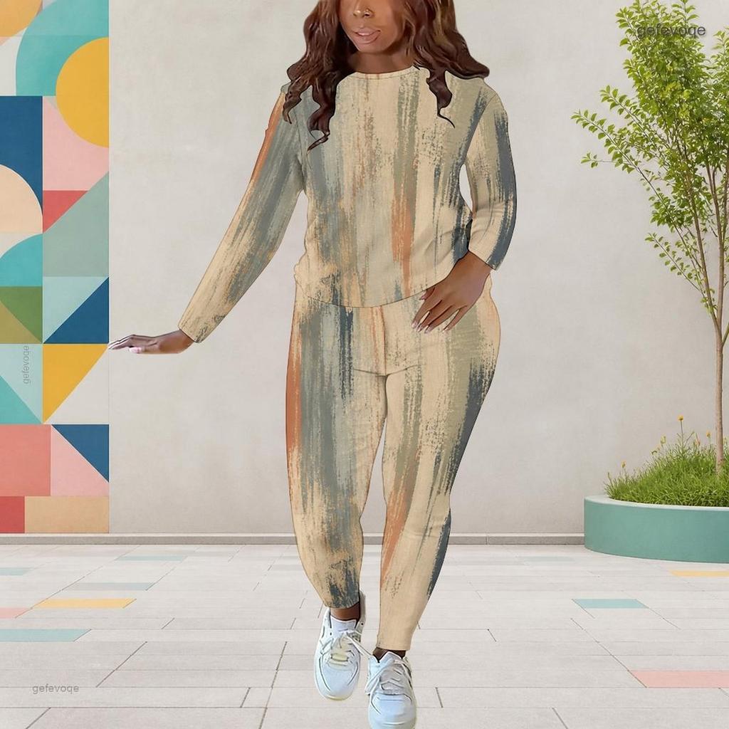 Women Plus Size Round Neck Long Sleeve Printed Top And Fitted Pants Two Piece Set