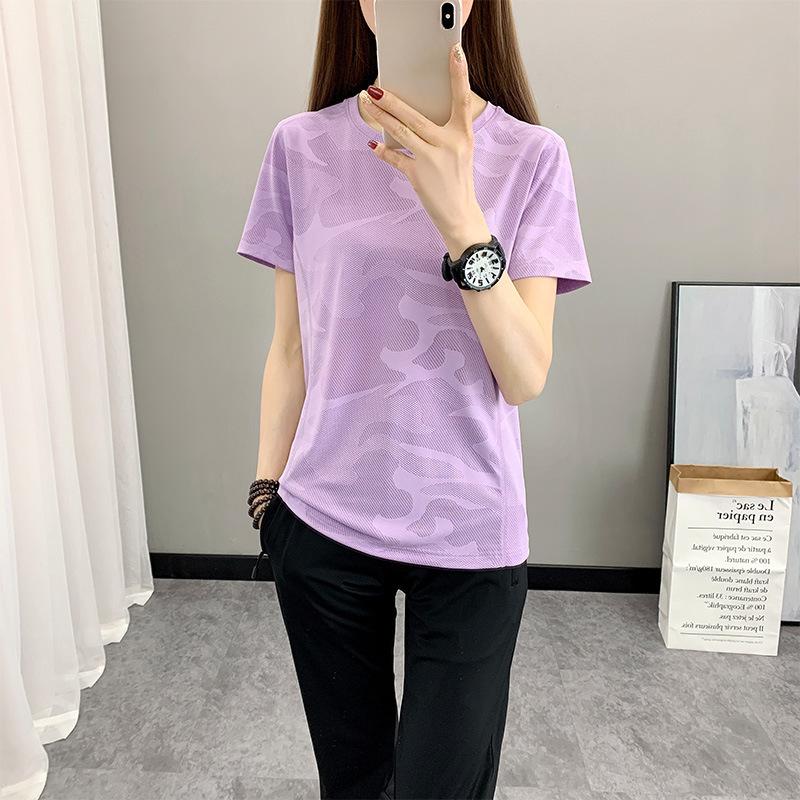 Women's Summer Yoga Slim Solid Colour Outdoor Sports Jacquard Quick Dry Round Neck T-Shirt