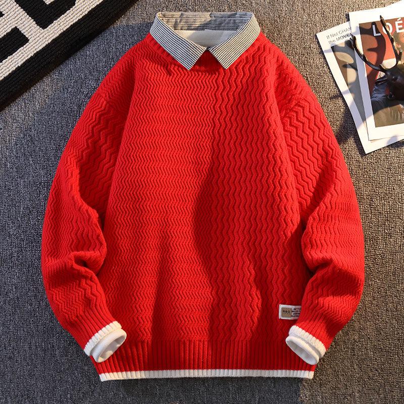 2024 Men's Autumn/Winter Loose Knit Sweater with Shirt Collar, Plus Velvet Two-Piece Look