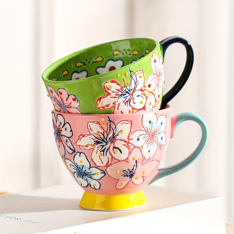 2pcs Floral Ceramic Mug Set 430ml/14.13oz, French Countryside Style with Vibrant Flowers,Butterflies, Reusable, Microwave Safe,for Hot & Cold Drinks,