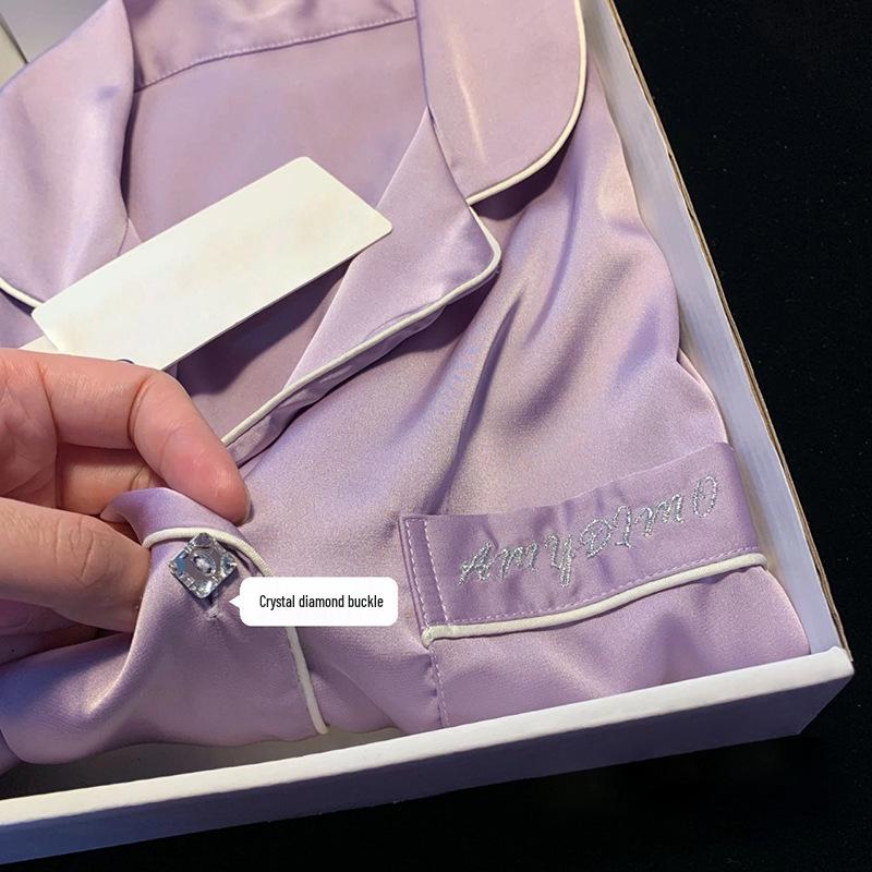 Women's Silky Purple Ice Silk Pajamas Set - Long-Sleeved Cardigan and Pants