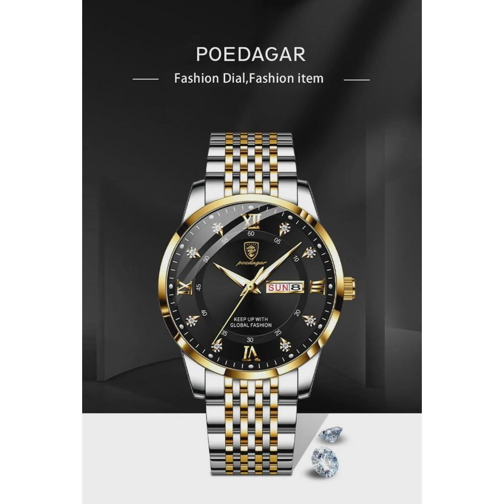 POEDAGAR Luxury Business Man Watch Stainless Steel Week Date Men's Wristwatch Waterproof Luminous Fashion Quartz Watches for Men