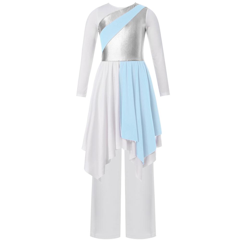 Girls Asymmetrical Hem Worship Dance Dress Elastic Waistband Pants Performance Set