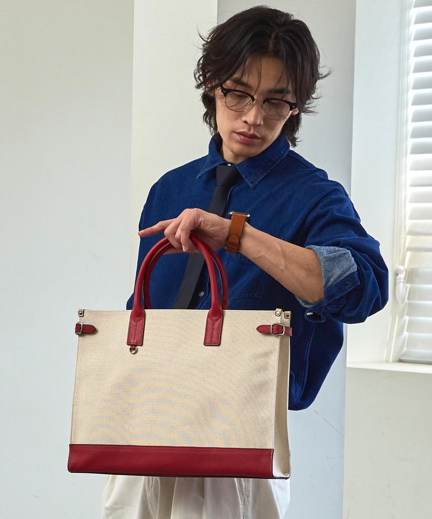 Matt Slim Canvas Leather Square Bag (Ivory + Red) B42915
