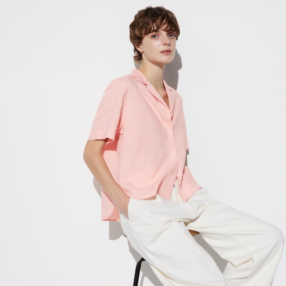 

UNIQLO JAPAN рубашка из смесового льна с открытым воротником и короткими рукавами
