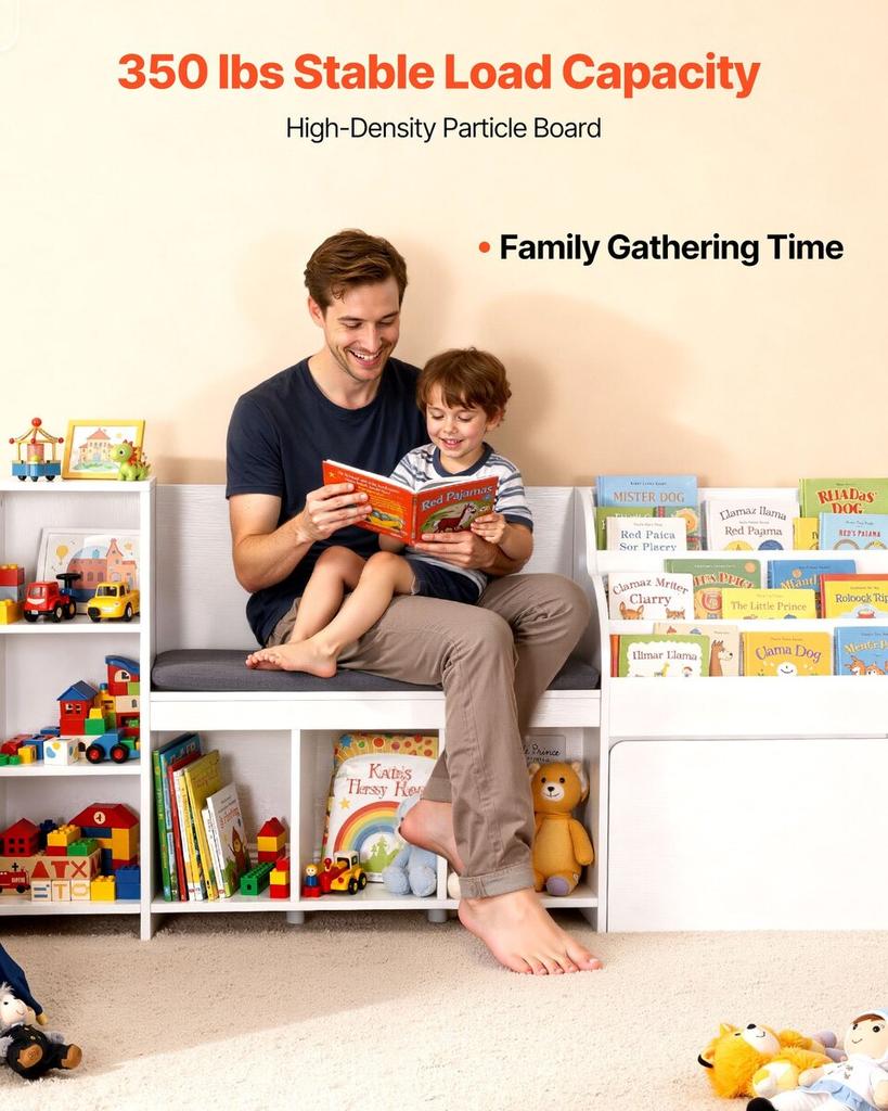 Kids Reading Nook, Wooden Storage Bench with Backrest, Kids Bookshelf & Toy Organizer, Large Toy Box Chest for Playroom, Living Room or Entryway, Easy