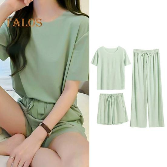 3 Teile/satz Frauen Sommer Pyjamas Set O Hals Kurzarm T-shirt Elastische Taille Shorts Breite Bein Falten Hosen Dame Loungewear Nachtwäsche Set Homewear Top