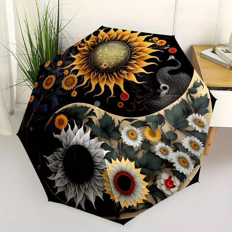 Yin Yang Harmony: Sunflower Garden Art Print Umbrella, Portable 3-Fold Compact Umbrella for Men & Women ES36