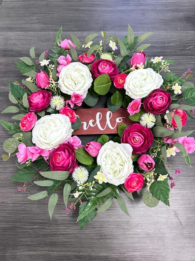 Corona de Flores Artificiales de Primavera 3D de 50 cm con Elementos Florales Mixtos y Vegetación para Pantalla Estacional en Interiores y Exteriores del Hogar