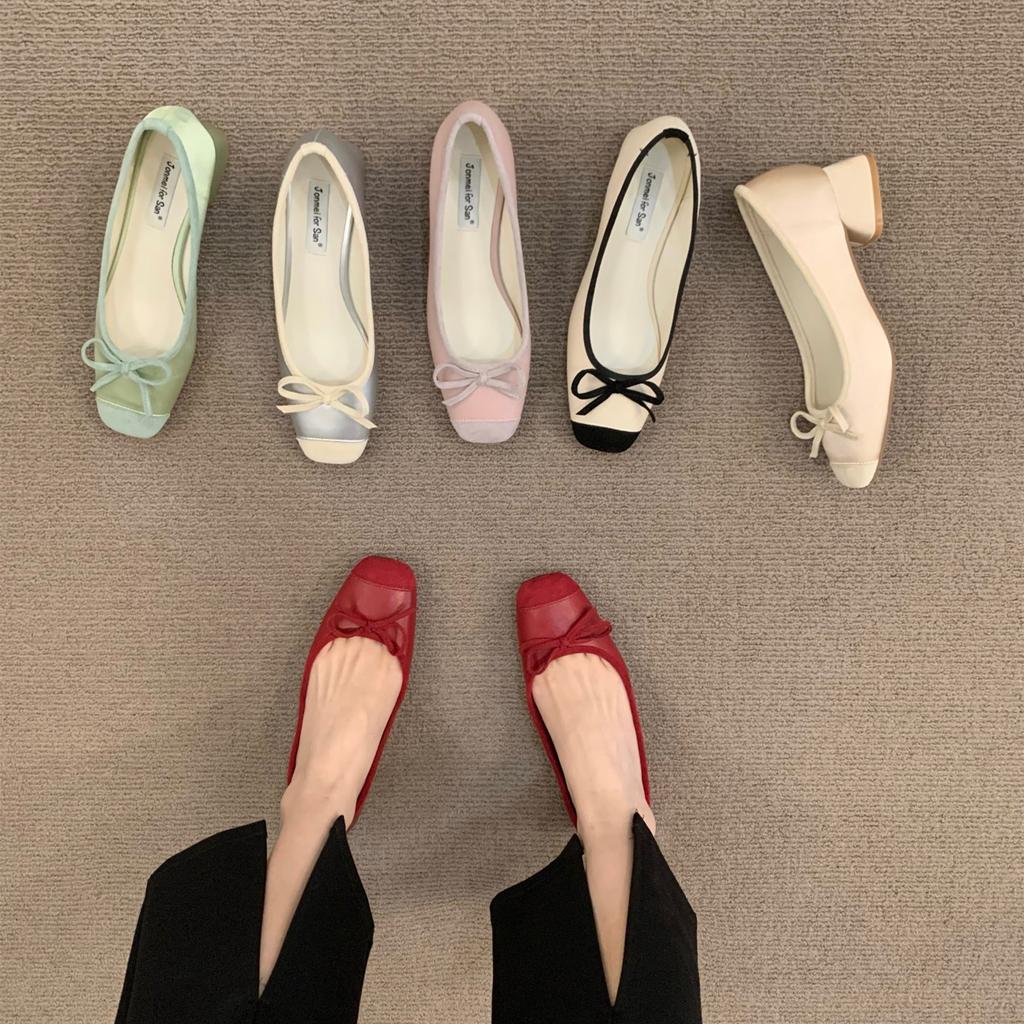 Fashion Bailamos Women Flats Fashion Colored Soft Leather Ballet Shoes 2025 Square Toe Bow Low Heels Shoes Shallow Mouth Casual Shoes Mu