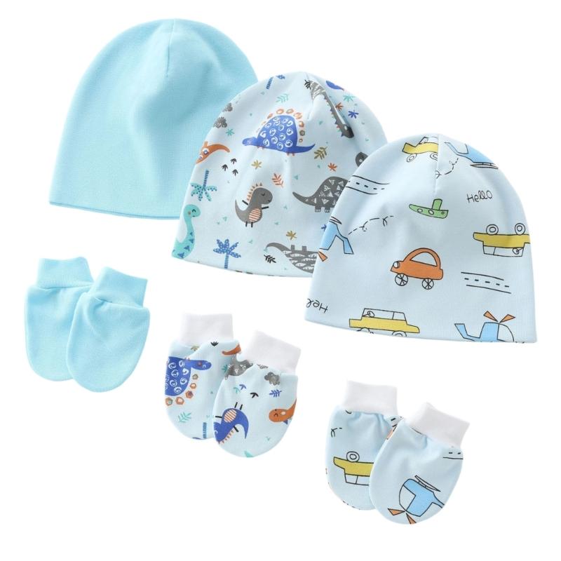 3 Set Baby Bonnet Caps Newborns Fetal Hat Fashionable Brimless Hat Trendy Headgear with Soft Anti-grab Mittens Gloves