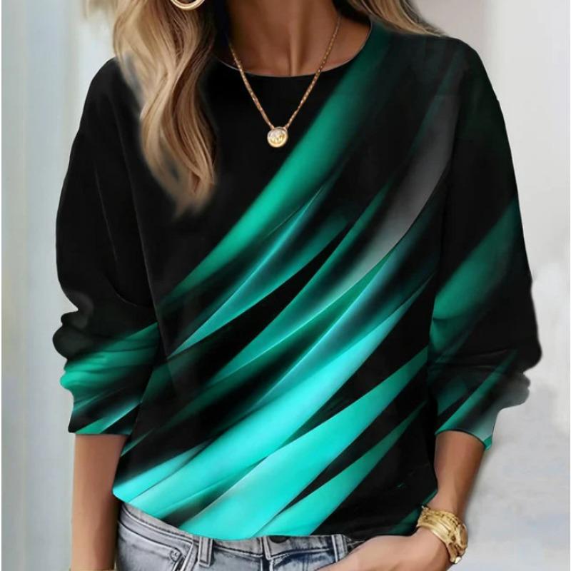 Round Neck 3D Gradient Color Printed Top Fashionable Casual Long Sleeved Women's T-shirts