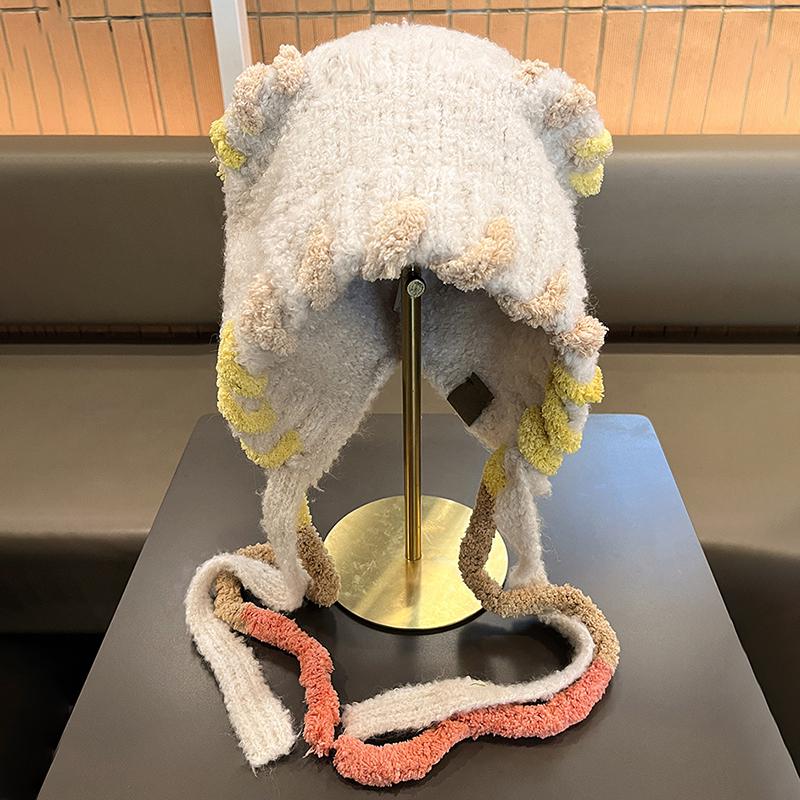 Dopamine Cat Ears Plush Bomber Hat Women Autumn Winter Cycling Cold And Warm Face Small Bag Head Ear Protection Knitted Hat