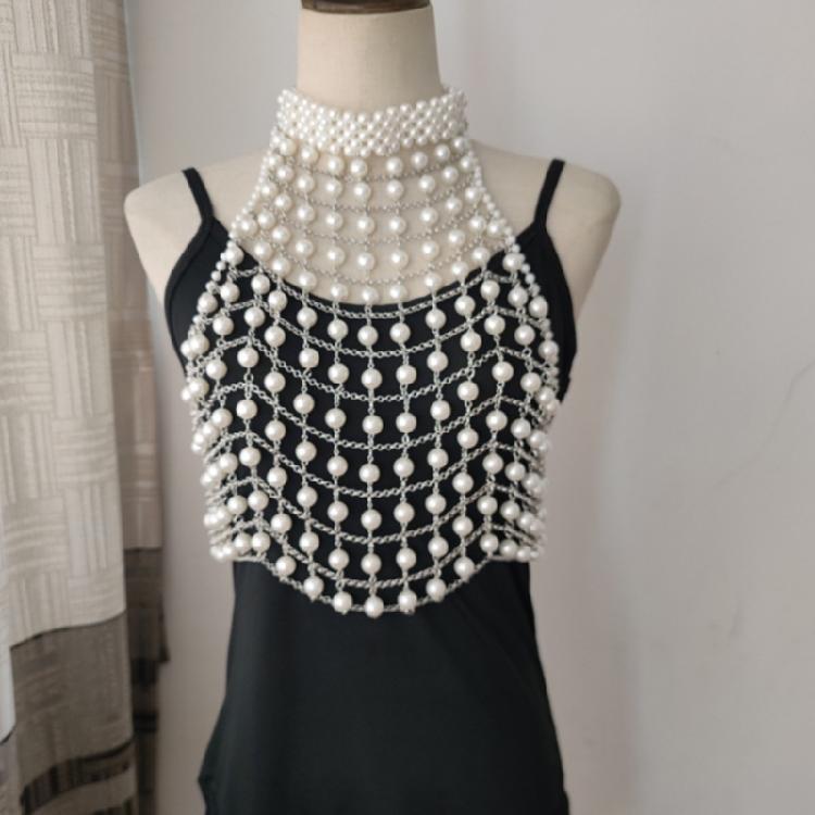 Pearls Body Chain Bra Multilayer Pearls Chest Chains Body Accessories Jewelry for Women Nightclub Raves Body Jewelry