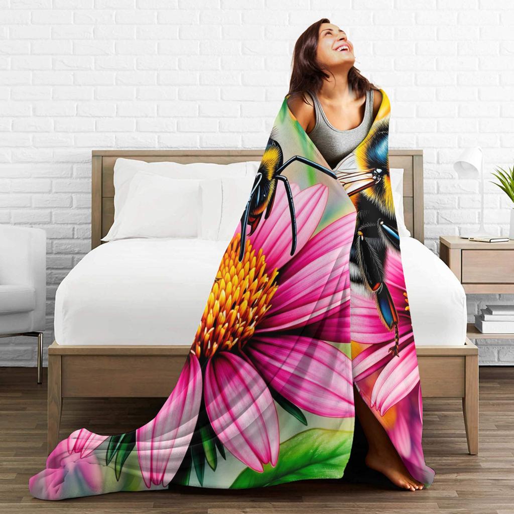 Bee and Flowers Flannel Blanket Adults Child Warm Bedding Throws Winter Home Decor Bedspread Sofa Bed Cover