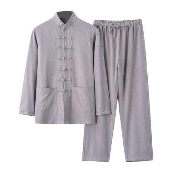 Lässiges zweiteiliges Set für Männer im chinesischen Stil mit Stehkragen, langen Ärmeln und Schnallen