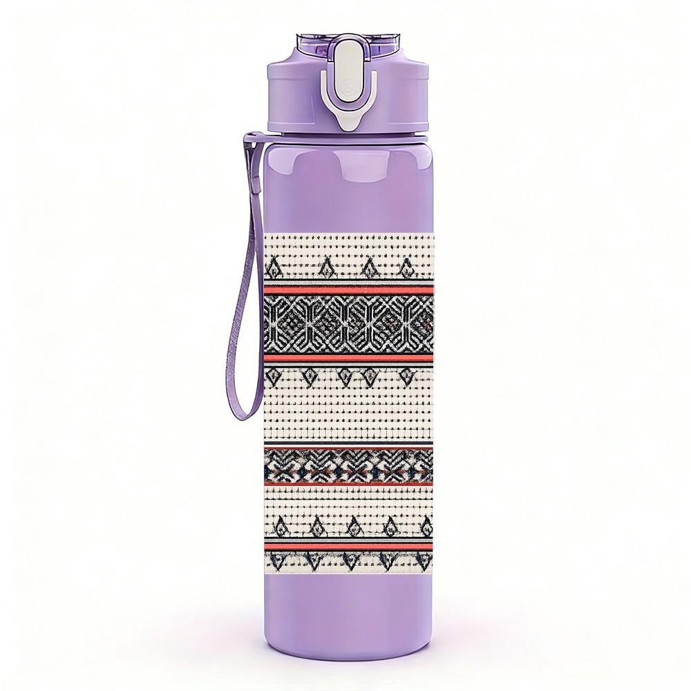 1PC Ethnic Geometric Stripe Woven Print 750ml Color Plastic Sports Water Bottle Leakproof Flip Straw Lid Suitable for Sports Office Home Use