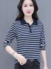 Women's Striped Long Sleeve Pure Cotton Polo T-shirt - Versatile, Loose Fit for Spring/Autumn 2026
