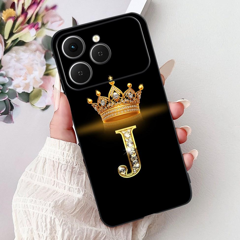 For Tecno Spark 40 Case Black Silicone Luxury A-Z Letters Fashion Flowers Crown Shockproof Cover For Techno Spark 40 Phone Case