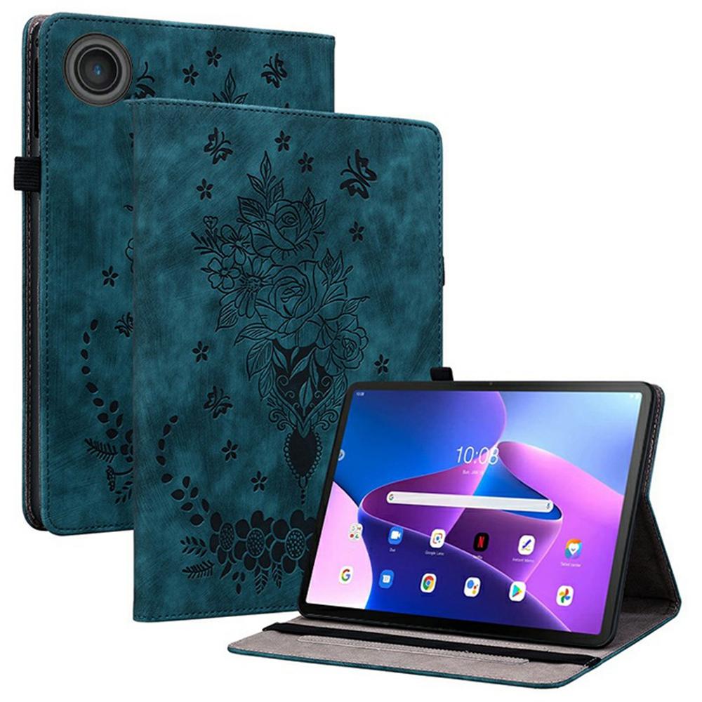 

For Lenovo Tab TB311FU Case Card Holder Anti-Scratch Leather Cover Rose Flower Imprint Blue