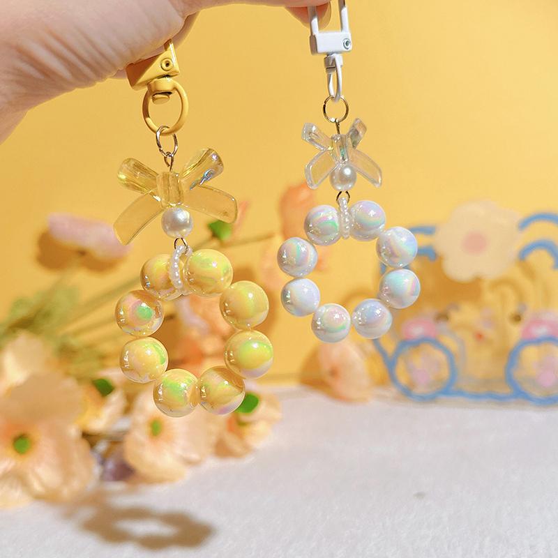 Plastic Fashion Beaded Bow Keychain Exquisite Candy Color Pearl Keyring Creative Shiny Bows Beaded Pendant Girls