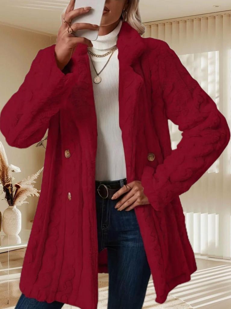 Women's Plush Double-Breasted Mid-Length Coat - Comfortable, Casual, Warm Suit Collar.