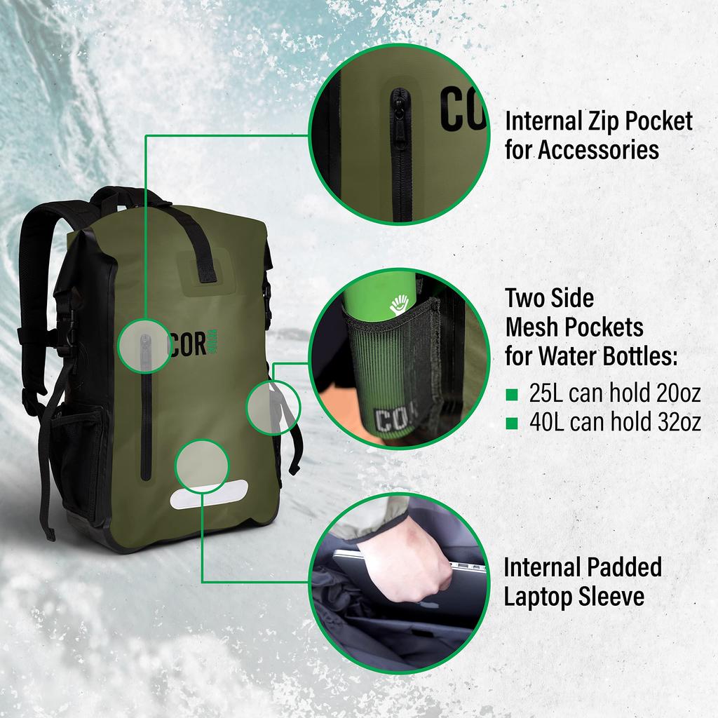 [COR Surf] Waterproof Backpack with Padded Laptop Pocket for Travel, Cycling, Camping, Hiking, Kayaking, Rafting, and Surfing - Dry Backpack,