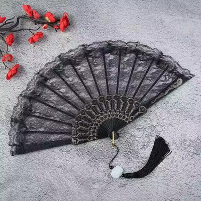 Vintage Lace Folding Fan with Pendant Handmade And Ergonomic Handle Tassel Traditional Chinese Style
