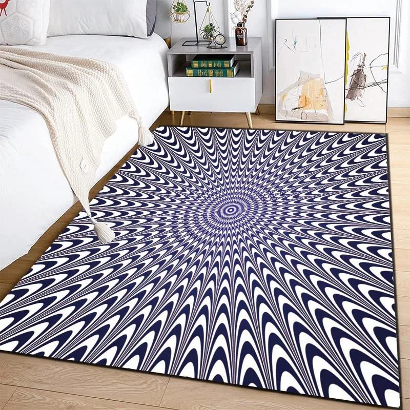 3D Vortex Illusion Black and White Rug for Bedroom Floor Mat Abstract Geometric Optical Vertigo Carpet Non-slip Livingroom Decor