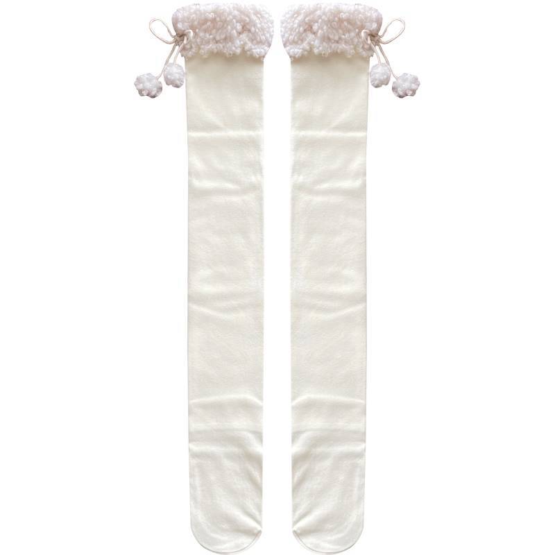 Autumn And Winter Thickened Lamb Wool Cute Sweet Ball Velvet Vertical Stripe Cotton Micro Pressure High Tube Knee Socks Long Tube