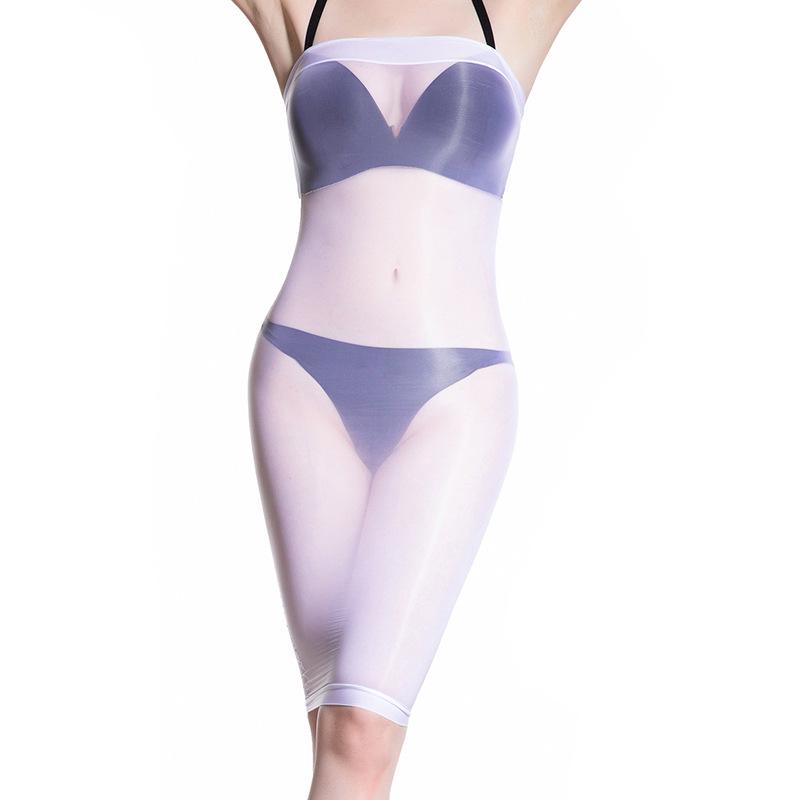 Qinghe 912 8D Sheer Oily Stockings with Tube Top Dress, Tight Mini Skirt Cheongsam, and Ultra-thin Transparent Design