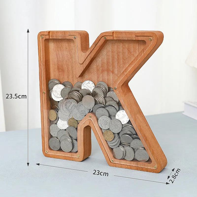 23cm Large Size Twenty-six Letter Piggy Bank Wooden Coin Money Saving Box Jar Coin Storage Box Desktop Ornament Home Decor Craft