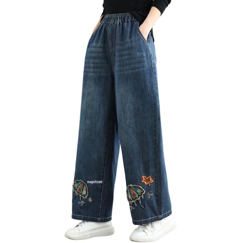 LANGSHA Jeans Larges Brodés Taille Haute pour Femme