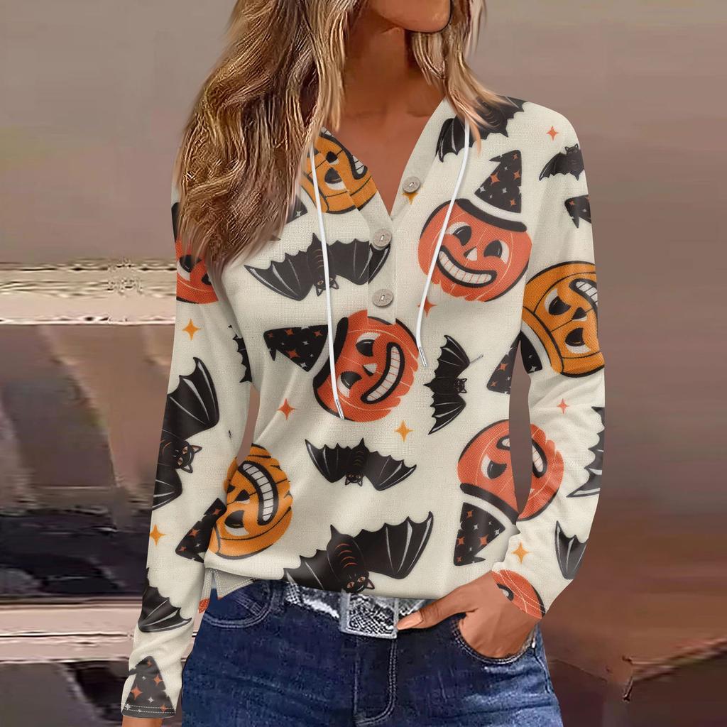 Damemote Uformelt Halloween-trykt hettegenser dekorert med knapp Langermet T-skjorteskjorte