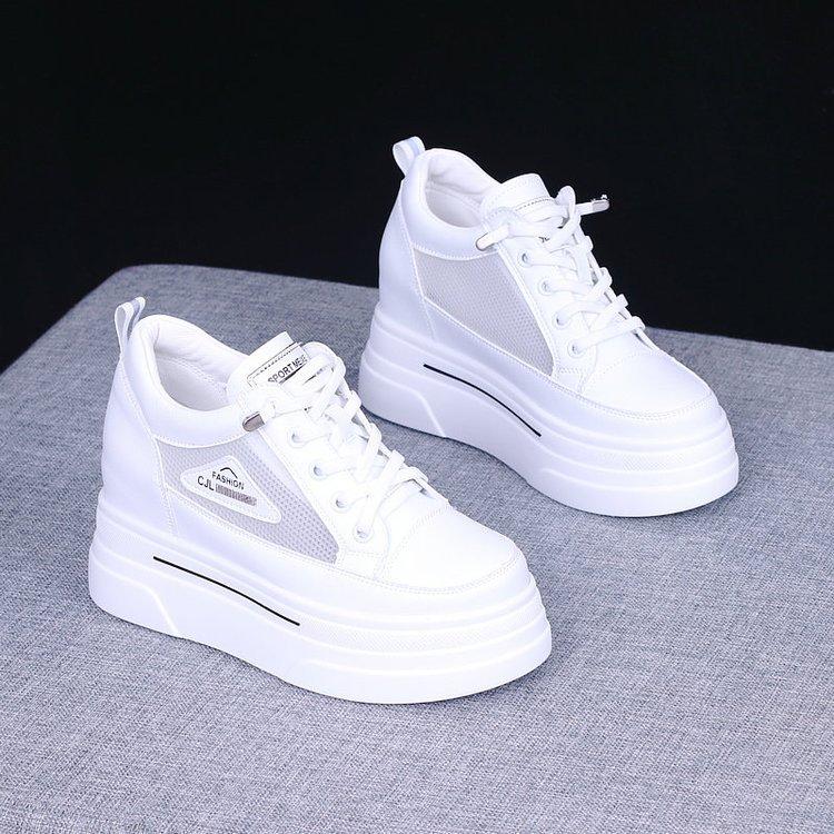 2025 summer little white shoes thin women's shoes inner height increase 8cm mesh breathable hollow casual sports net shoes ins tide