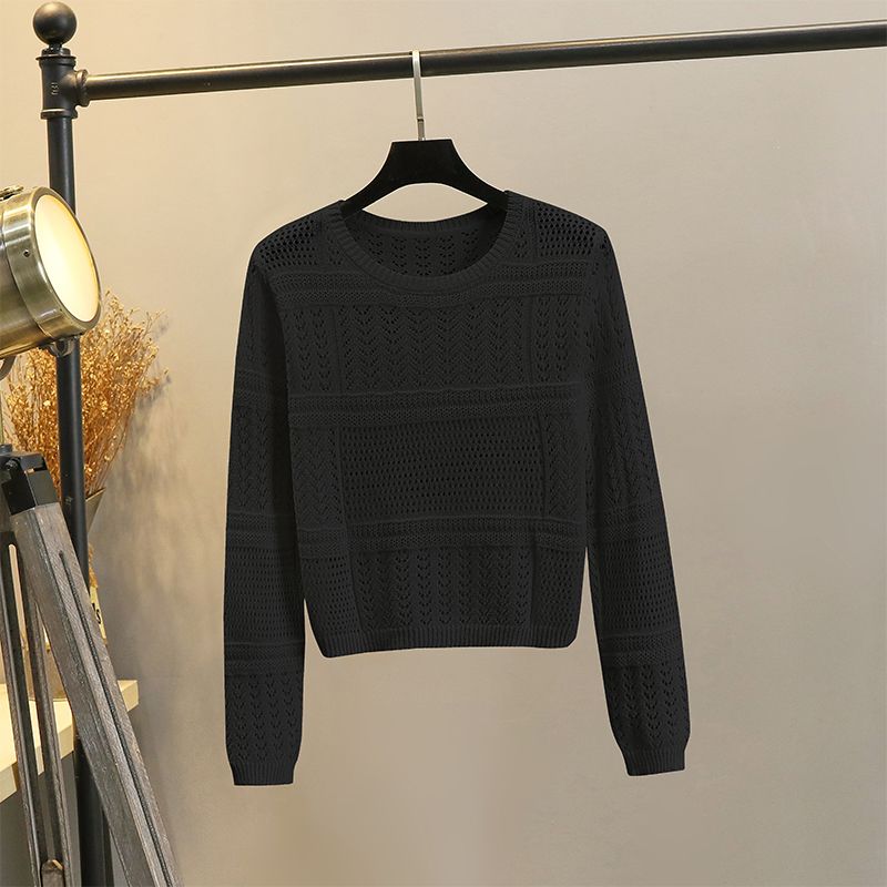 

Long Sleeve Cut Out Spring and Autumn Thin Slim round Neck Sweater Black M