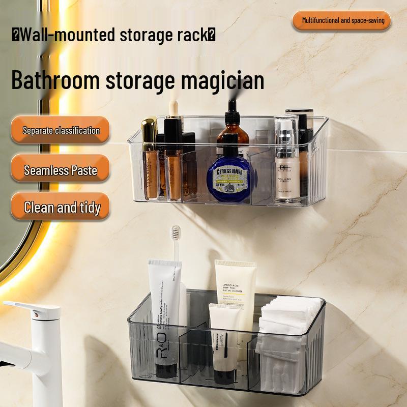 

No-Drill Wall-Mounted Bathroom Shelf for Kitchen & Washroom Translucent gray 3-compartment storage box